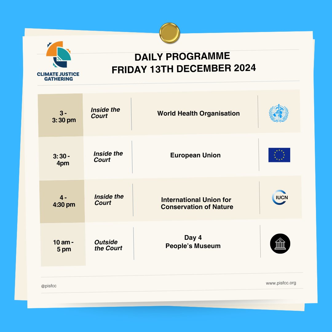 Check out the programme for Day 10 of the #ClimateICJAO Oral Hearings! (It's the FINAL day!!)

Watch the Hearings Live - webtv.un.org/en/asset/k1m/k… or webtv.un.org

🌐Find out more: pisfcc.org   

#ClimateJusticeAtTheICJ
