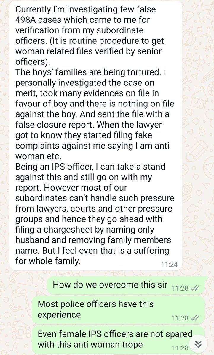 DeepikaBhardwaj's tweet photo. Message from an IPS officer this morning. This is what many police officers who genuinely want to do justice feel. They pull in all energies to help when a woman is wronged but feel helpless when a man is wronged because then they're dubbed anti-woman

#JusticeForAtulSubhash https://t.co/jgejPTl4gH