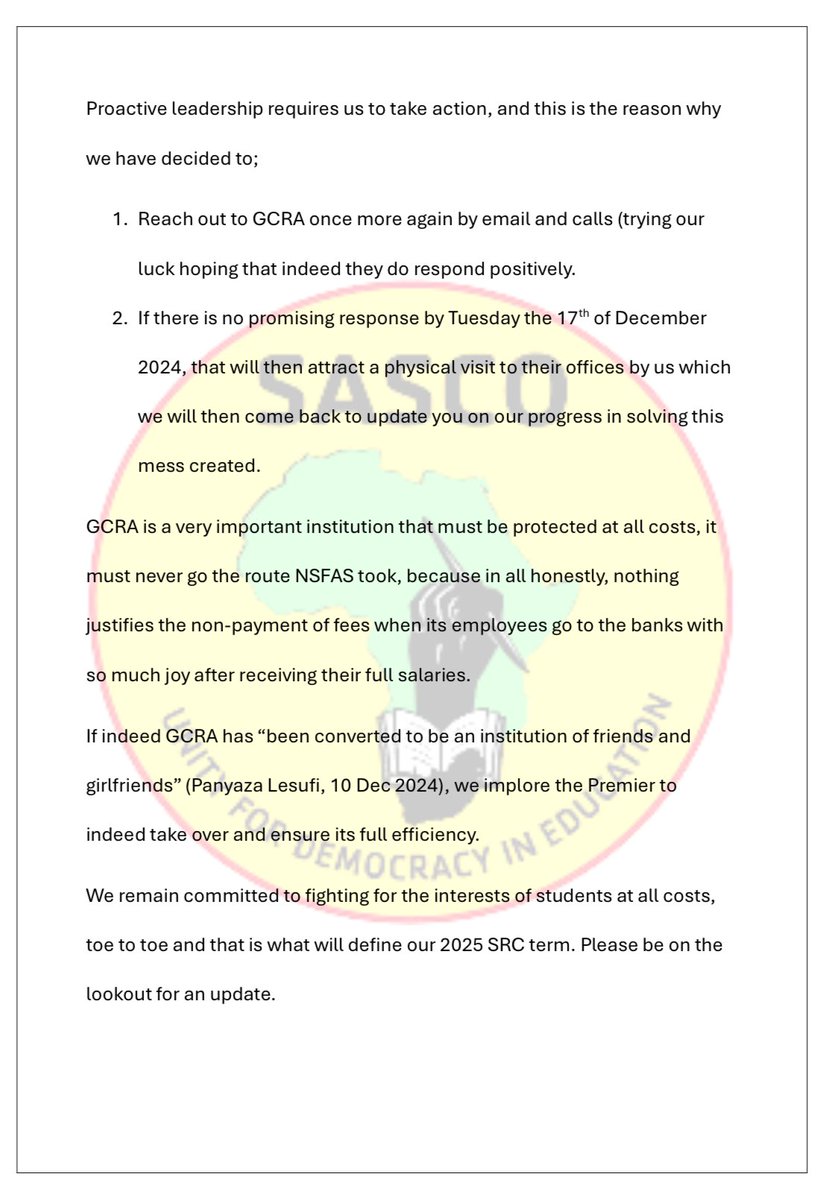 UjApksasco's tweet photo. Please be informed about the GCRA bursary issue, as SASCO UJ APK alongside its 2025 SRC-elects we are actively working on finding immediate solutions to address the matter.💚💛🖤❤️

#Sasco33
#HarryGwalaBranch
#UniversityofJohannesburg https://t.co/wdWZ0aDIys