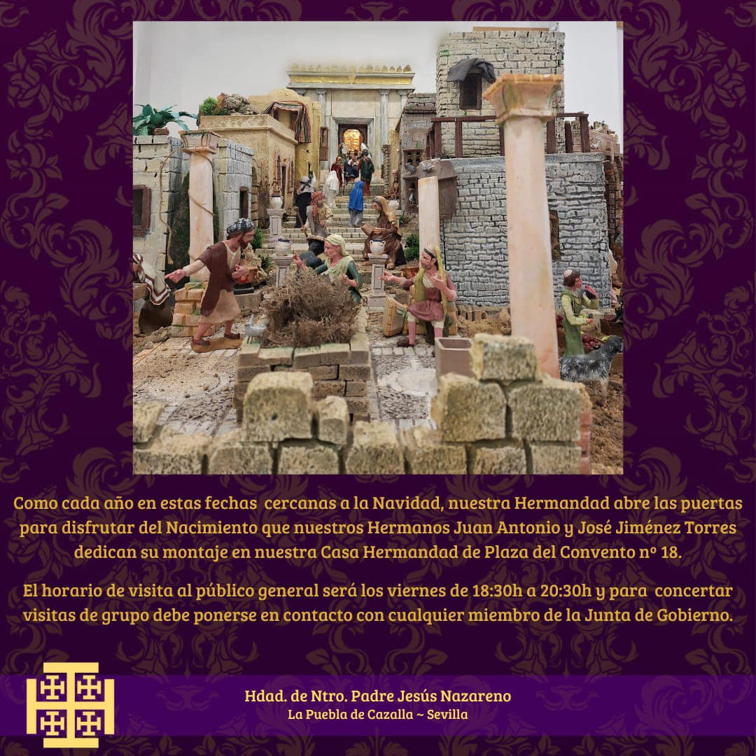 En la tarde de hoy inauguramos, como cada año en nuestra Casa Hermandad, el nacimiento en el que nuestros hermanos José y Juan Antonio Jiménez Torres trabajan para el disfrute de todos.

El horario de visitas general será cada viernes de Navidad de 18:30h a 20:30h.