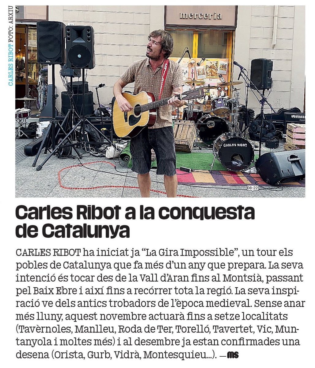 🔄 La gira segueix avui a Montesquiu, Sant Hipòlit de Voltregà...

🗞 Notícia de la gira a la revista MondoSonoro 🤩 <a href="/mondo_sonoro/">Mondo Sonoro</a>

#lagiraimpossible #carlesribot