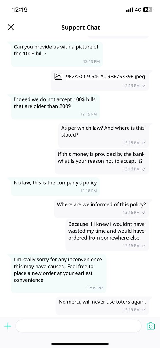 itiswhoever's tweet photo. Hello @toters_delivery im really impressed!
Thank you for giving me valid reasons to never use your services again!

1- not accepting the $50 bill, okay understandable!

2- not accepting the $100 bill, because it is an old version! https://t.co/roxD14KTBR