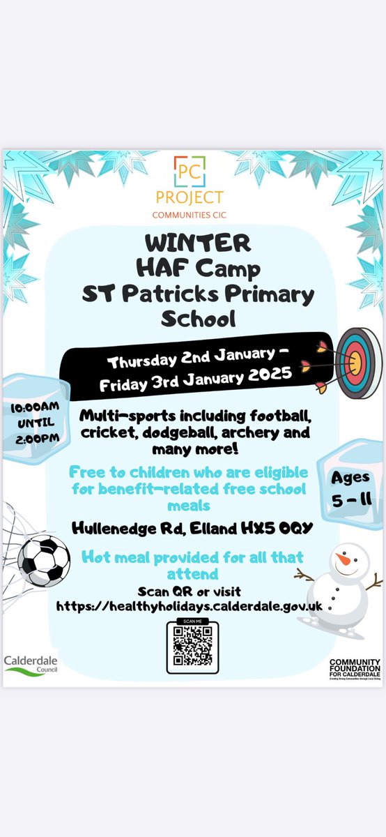 Book now! 
<a href="/ActiveCdale/">Active Calderdale</a> <a href="/CalderdaleSN/">Calderdale Sports Network</a> <a href="/HAFCalderdale/">Healthy Holidays Calderdale Programme</a> 
projectcommunitiescic.coordinate.cloud/project/62445