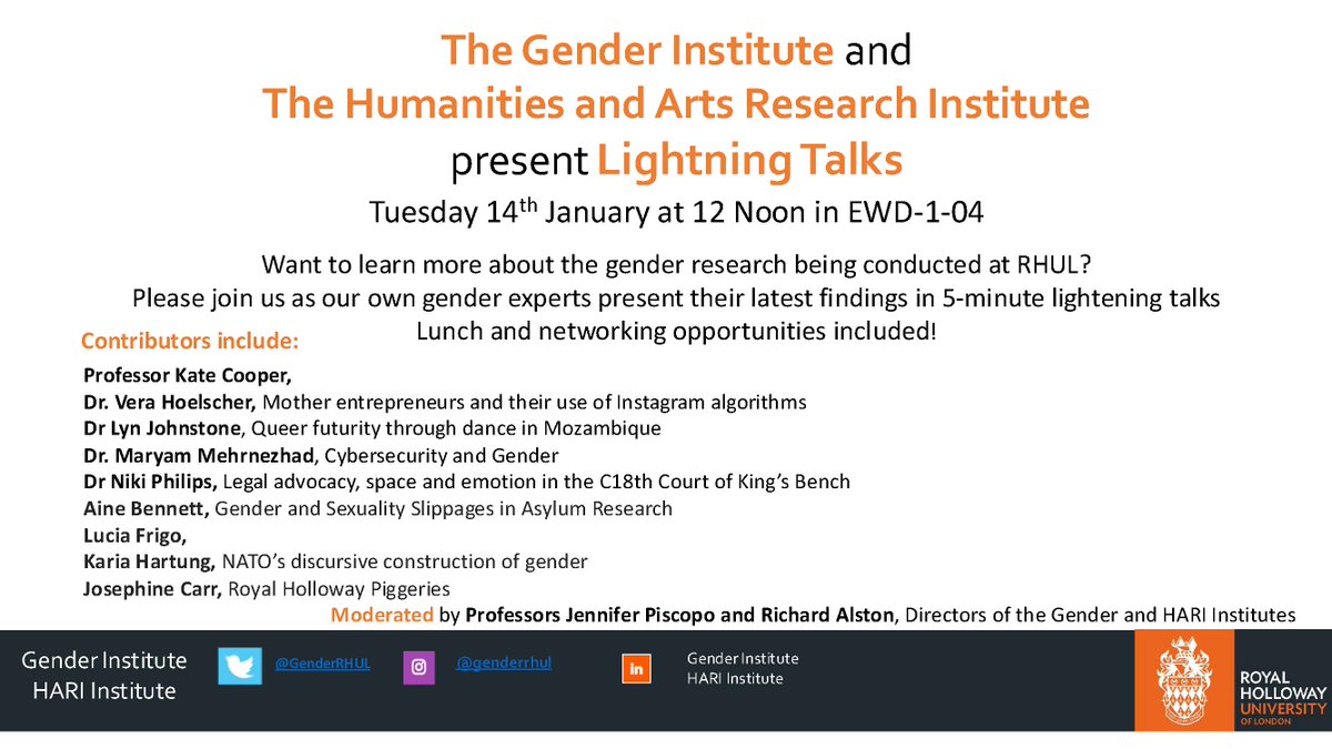 HARI and the Gender Institute are delighted to invite you to the inaugural Lightning Research Talks on Tuesday 14th January 12-2pm in EWD_1-04.  Please do not hesitate to share - we look forward to seeing you in 2025!