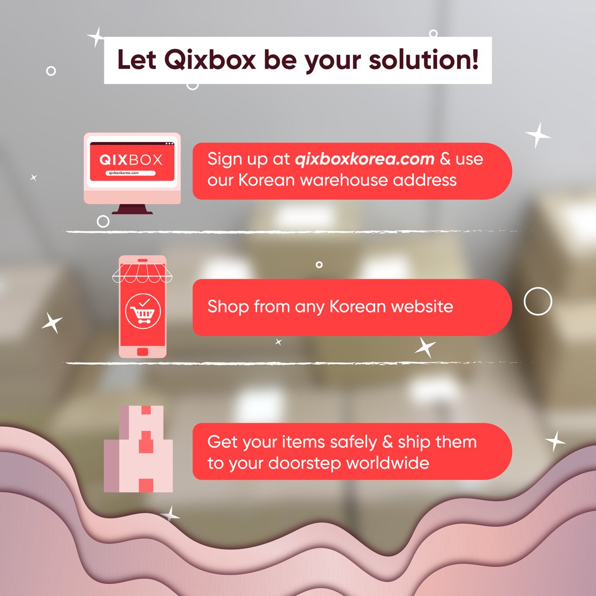 qixbox's tweet image. Looking to shop from Korea? Qixbox is your trusted partner with a secure Korean address and affordable services. 

DM us now! 🌟

#koreawarehouse #koreaproxyservice #kpopsale #kpopmerchandise #KpopMerchandise