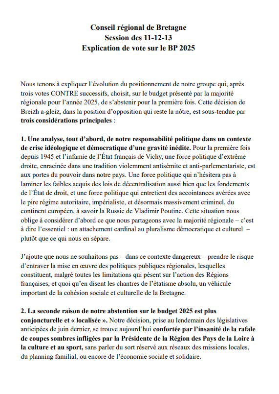 Breizhagleiz's tweet photo. A la conclusion du débat budgétaire de @regionbretagne hier soir, nous avons exprimé notre position finale qui sera une ABSTENTION sur le #budget régional et plus un vote CONTRE. Voici le texte de notre intervention en séance : https://t.co/TBFa7jX5Ze
