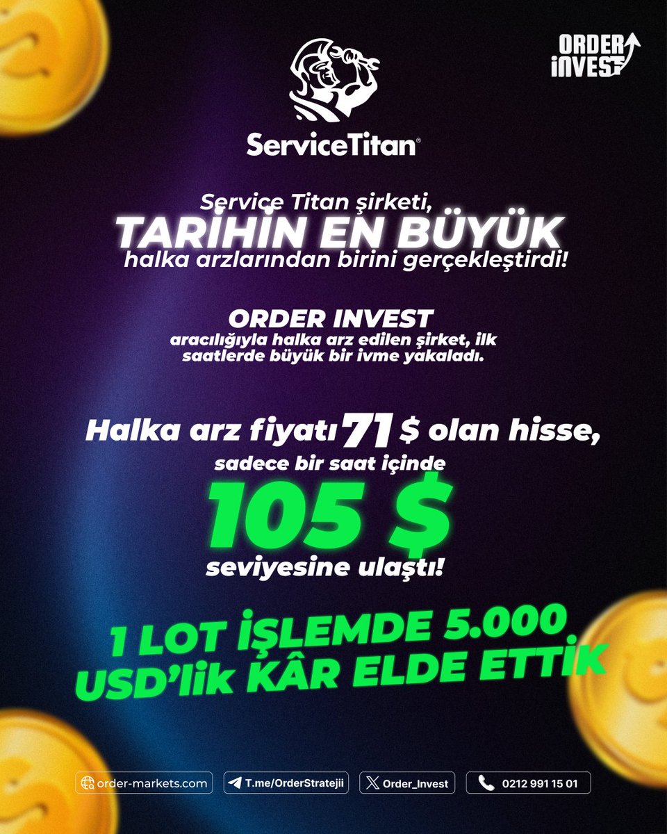 Order_Invest's tweet image. #servicetitan  şirketi, tarihin en büyük halka arzlarından birini gerçekleştirdi! ⭐💸

ORDER INVEST aracılığıyla halka arz edilen şirket, ilk saatlerde büyük bir ivme yakaladı. Halka arz fiyatı 71 $ olan hisse, sadece bir saat içinde 105 $ seviyesine ulaştı! 📈⭐

1 lot işlemde…