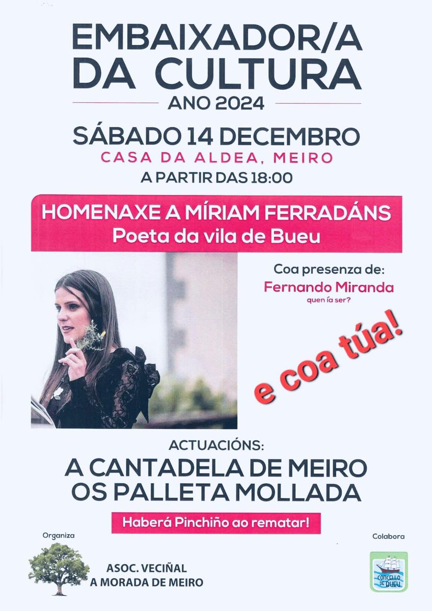 AELG (@aelg) on Twitter photo Meiro, Bueu: Homenaxe a Míriam Ferradáns: axendacultural.aelg.gal/2024/12/13/mei… <a href="/LibreriaMiranda/">LIBRERÍA MIRANDA</a> <a href="/ConcellodeBueu/">Concello de Bueu</a> Meiro, Bueu: Homenaxe a Míriam Ferradáns: axendacultural.aelg.gal/2024/12/13/mei… <a href="/LibreriaMiranda/">LIBRERÍA MIRANDA</a> <a href="/ConcellodeBueu/">Concello de Bueu</a>