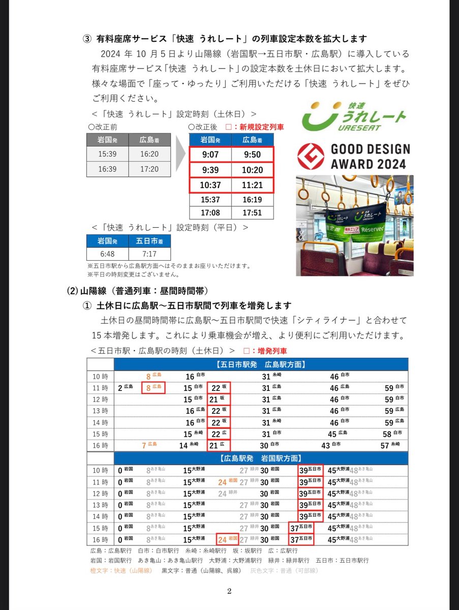 JR西日本広島支社、2025年3月15日ダイヤ改正！ 山陽本線うれしート拡大