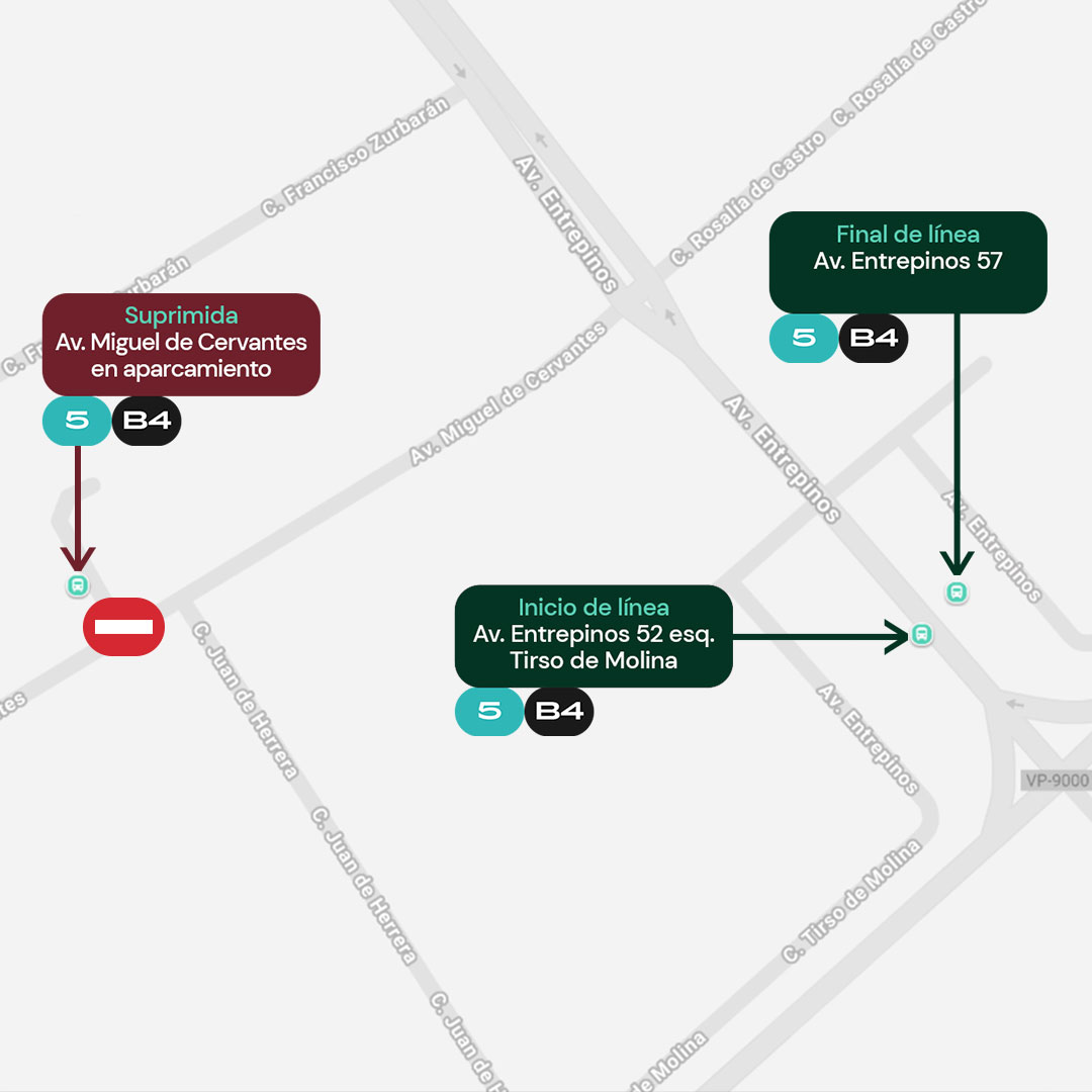 AuvasaVLL's tweet photo. ⛔ Corte en #Entrepinos
🚍 Líneas afectadas: 5 y B4
❌🚏 Avda. Miguel de Cervantes en aparcamiento
🚏 Fin de línea en: Avda. Entrepinos 57
🚏 Inicio de línea en: Avda. Entrepinos 52 esq. Tirso de Molina https://t.co/LzJ6AKhqGz