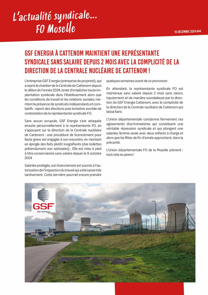 Fadila, RSS FO chez GSF Energia à Cattenom (57), femme seule avec deux enfants, est sans salaire depuis deux mois, et ça n’intéresse personne… même pas la presse !
