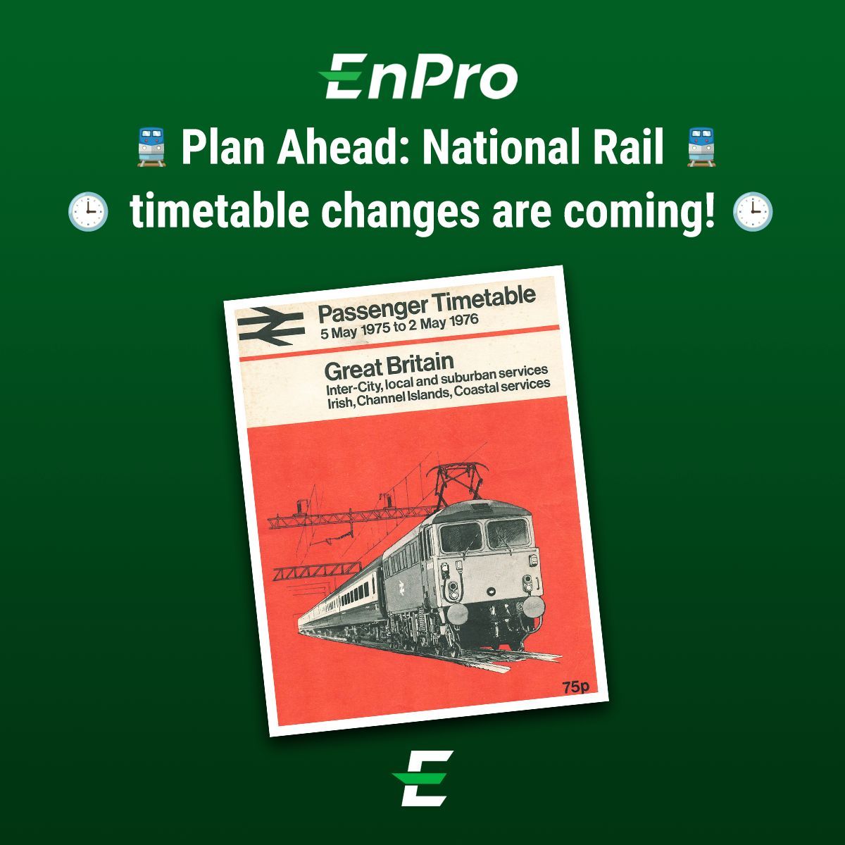 EnProGroupLtd's tweet image. 🚆🕒 With updates taking place twice a year, the current National Rail Timetable, in effect since Sun 02-Jun-24, is set to change this weekend on Sun 15-Dec-24.
Don't forget to check your travel plans! 📅
#NationalRail #TimetableChanges #TravelUpdates #EnProUK