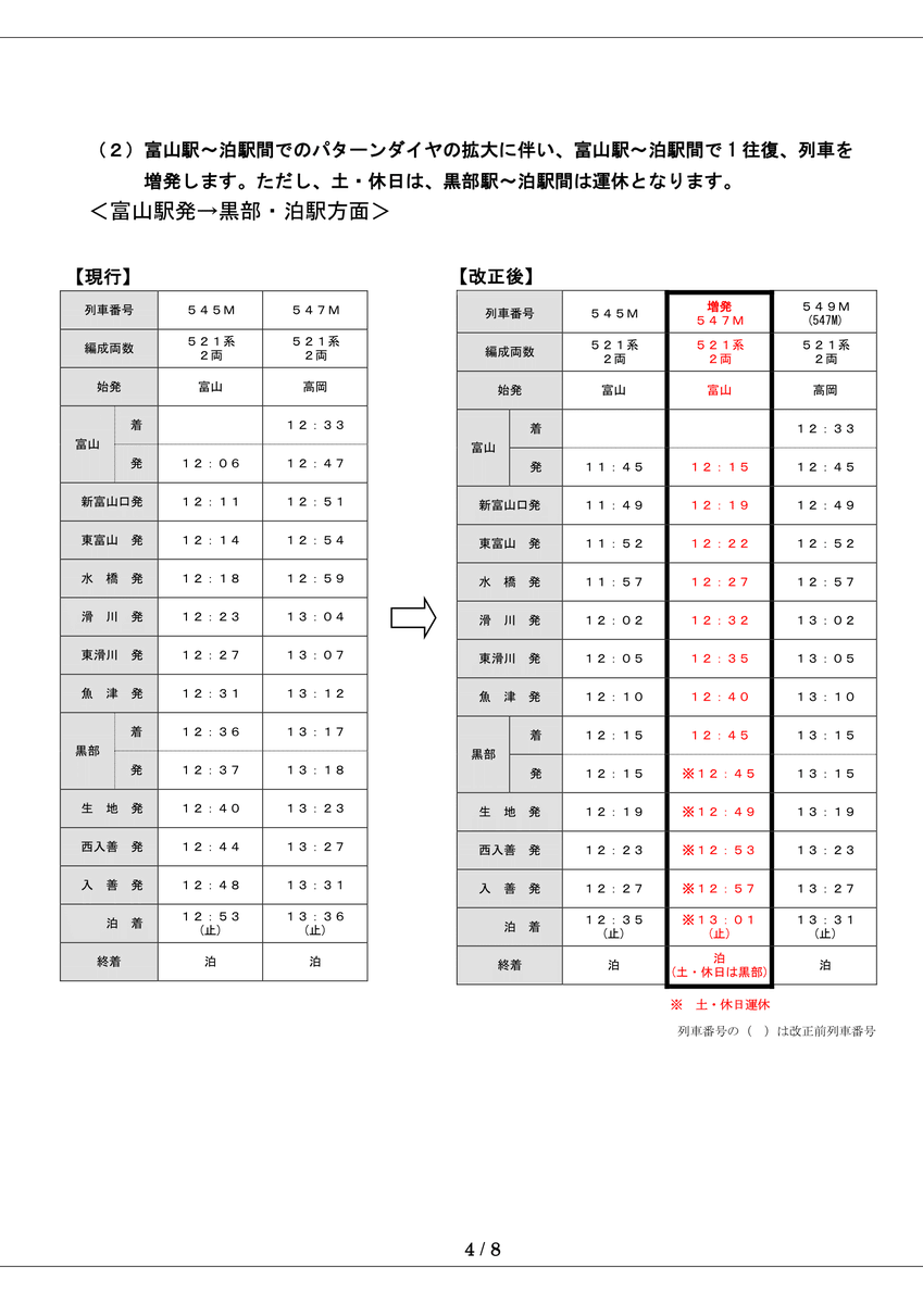 ダイヤ改正のお知らせ】 あいの風とやま鉄道では2025年3月15日（土