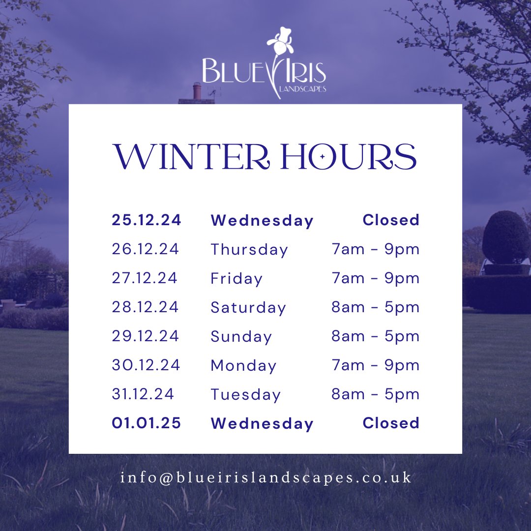 See our Winter hours below ❄️We are still available by phone or email, so feel free to contact us with any enquiries and we'll get back to you as quickly as possible 📞

blueirislandscapes.co.uk/contact/