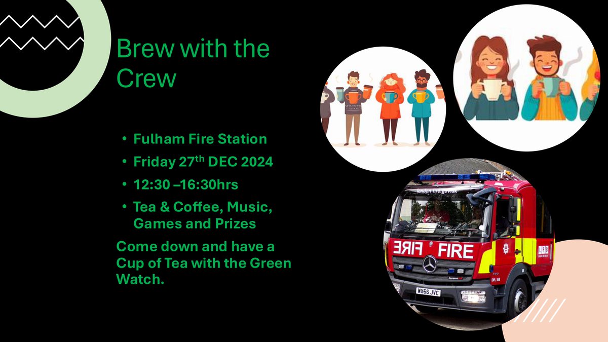 Looking for plans around #Christmas? 🎄 

Why not come along to #Fulham Fire Station for a brew with the crew. There'll be festive food, music, games and prizes with Green Watch. 🍵 

Fulham Fire Station 🚒 
27 December 📅 
1230-1630 ⏲️