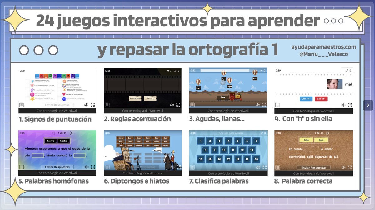 24 juegos interactivos para aprender y repasar las reglas de ortografía. 👉 ayudaparamaestros.com/2022/03/24-jue… Por <a href="/Manu___Velasco/">Manu Velasco</a>