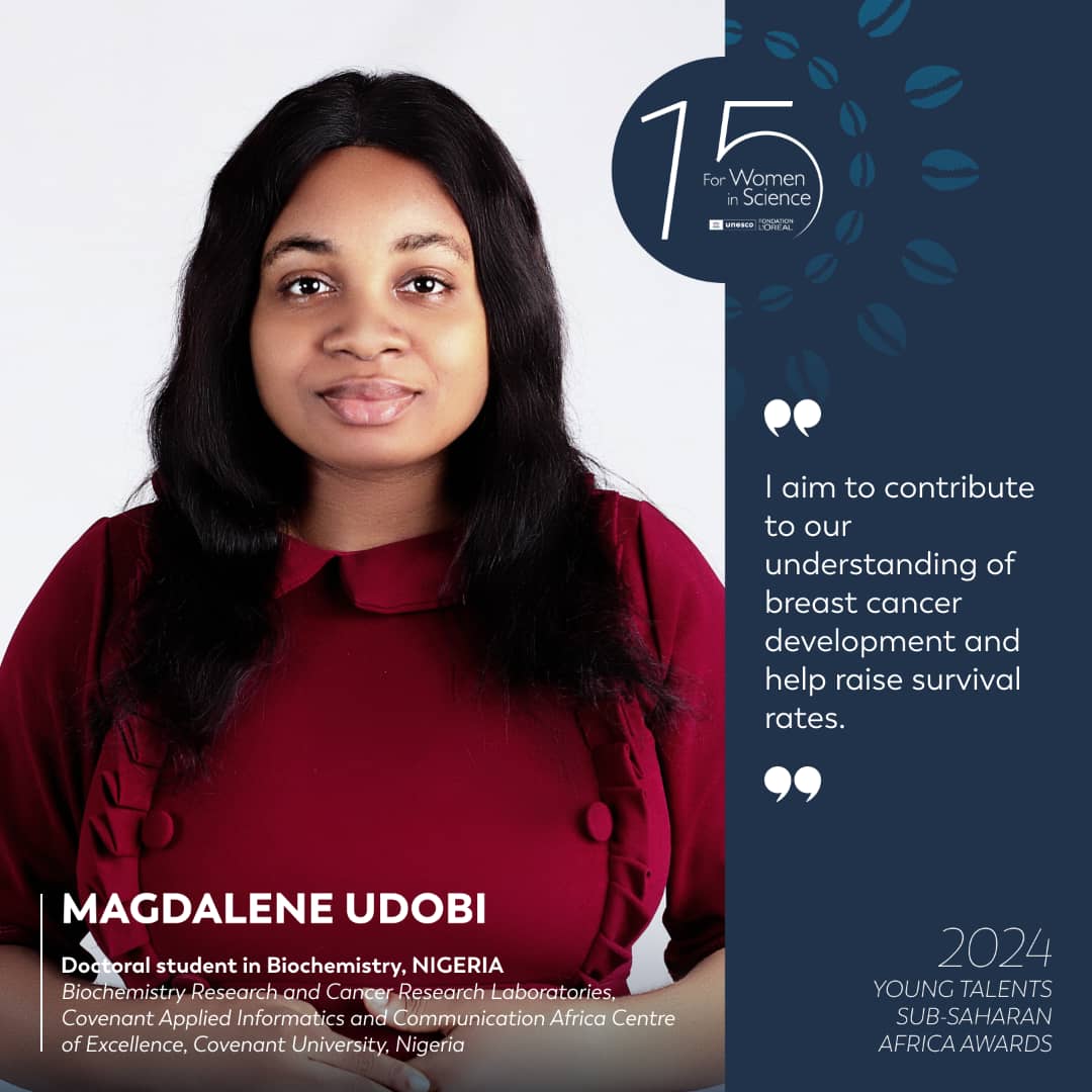 I congratulate Magdalene Udobi, one of our PhD. students of Biochemistry <a href="/capicace/">CApIC-ACE</a> <a href="/the_ACEProject/">Africa Higher Ed. Centers of Excellence-ACE Impact</a> <a href="/CUHEBRON/">Covenant University</a> working on genomics of breast cancer who won the L'Oreal-Unesco prize for 2024. <a href="/capicace/">CApIC-ACE</a> is proud of you and looks forward to greater accomplishments in cancer research.