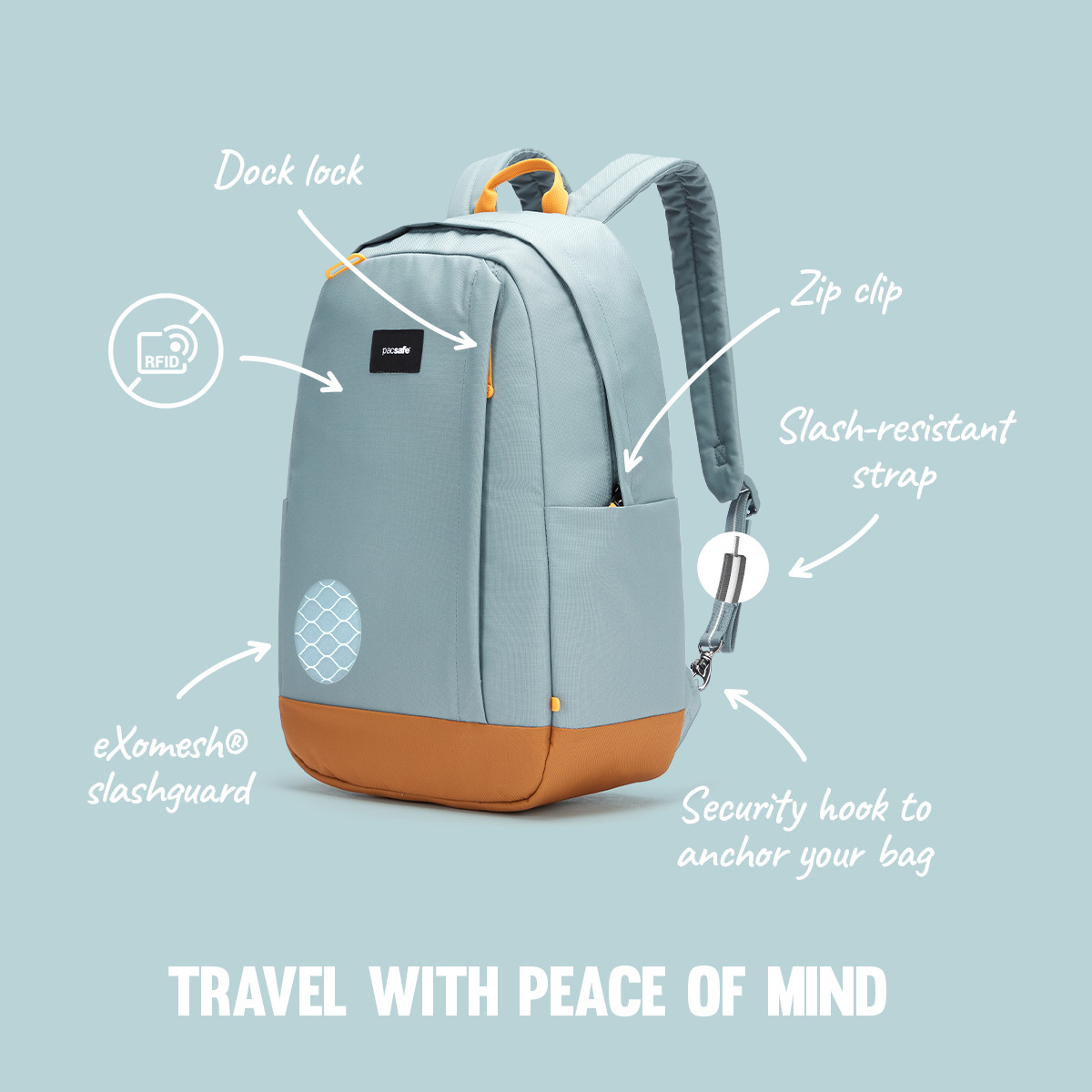 Experience added peace of mind with the Pacsafe GO 25L Backpack, featuring user-friendly Pacsafe anti-theft technology. This includes lockable zippers, slash-resistant straps, a security hook to anchor your bag, an RFID-blocking pocket, and more. 🔒✔️