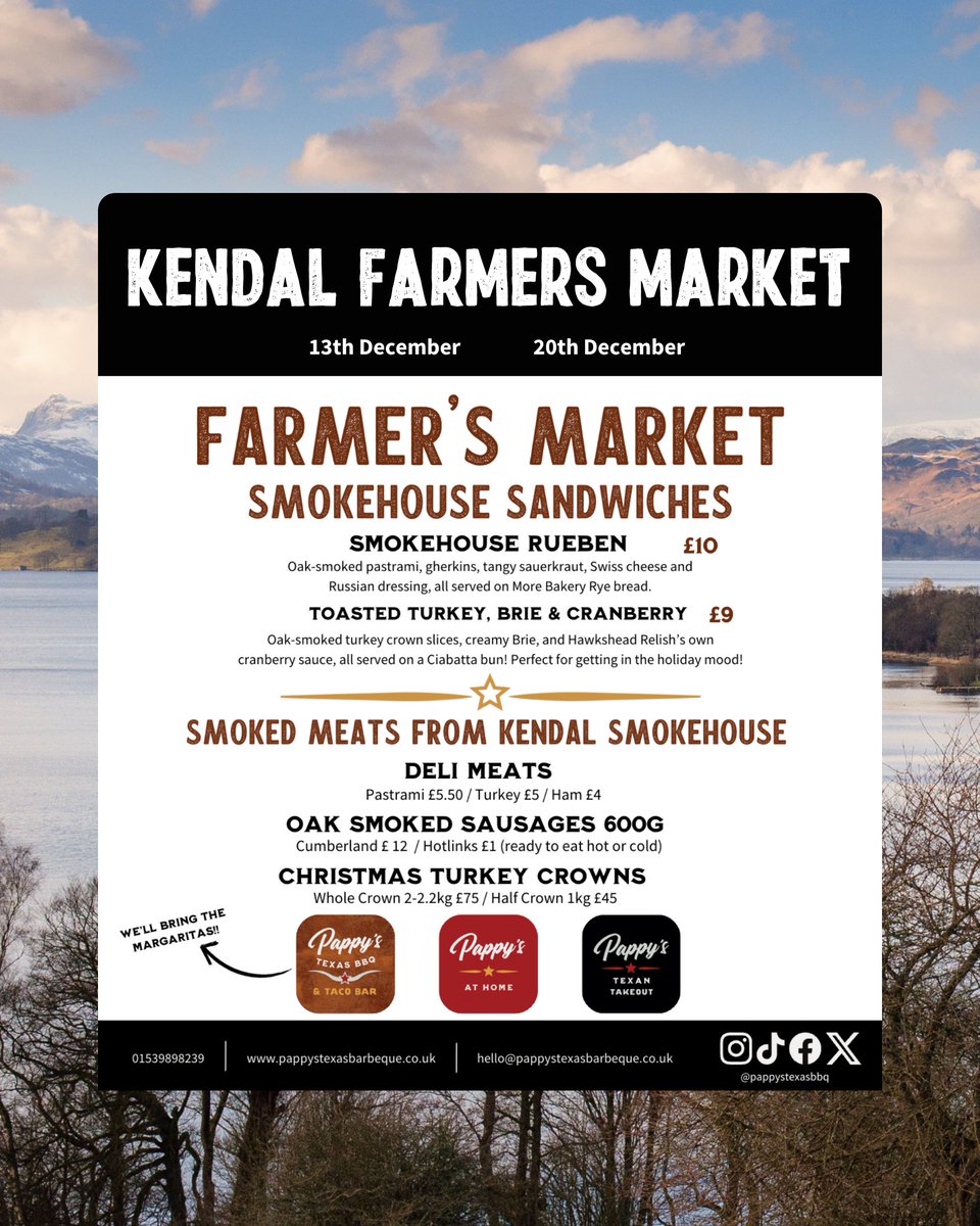 Are you heading to Kendal Farmers’ Market today? 🔥 Grab a Smokehouse Reuben or Turkey, Brie &amp; Cranberry sandwich, and stock up on our oak-smoked meats to take home! 🐂🔥 #PappysBBQ #KendalFarmersMarket #TexasBBQ