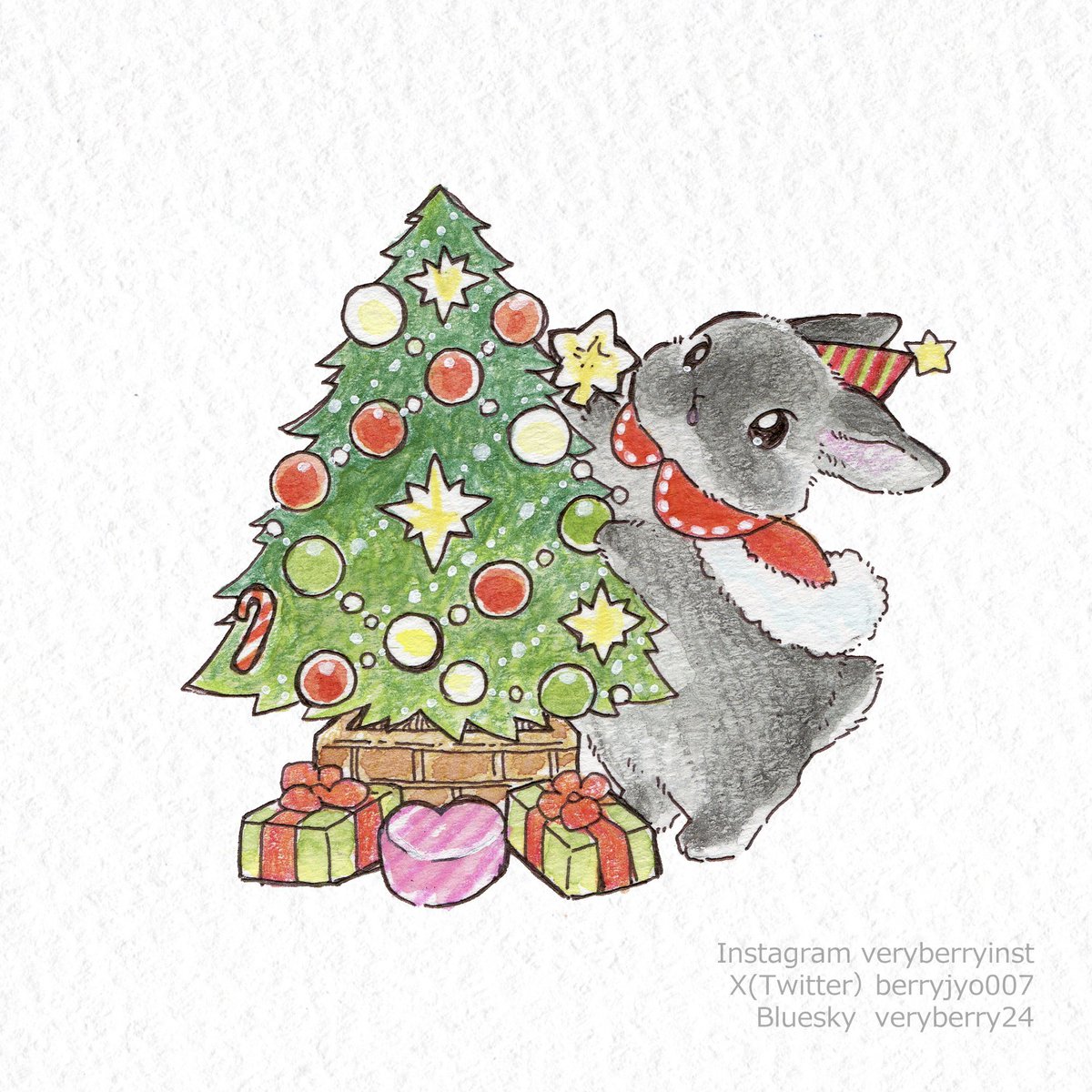「うさぎさんのクリスマス毎日うさぎさんイラスト投稿1780日目お星さま付けたいのと」|VeryBerry うさぎ星さん4/8-9出展のイラスト