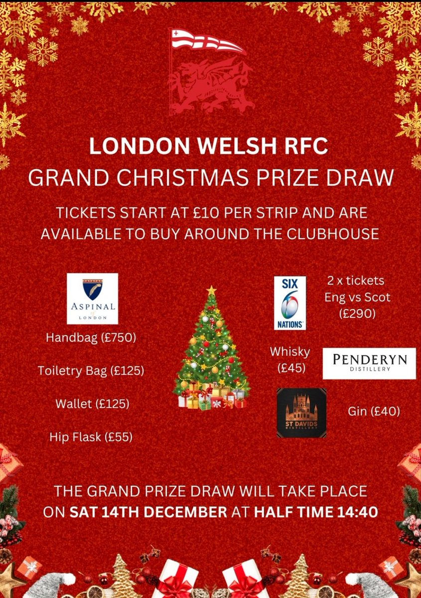LondonWelshRFC's tweet photo. ⛔️ XMAS PRIZE DRAW - THIS WEEKEND
Get down to London Welsh this weekend !
Grab a ticket!
WIN SOME OF THESE AMAZING PRIZES.....
@AspinaleBay
@PenderynWhisky
@SixNationsRugby
@StDavidsGin
Now that is a Chrsitmas Spirit! 🎄
Matchday at London Welsh https://t.co/geKoxHJCiP