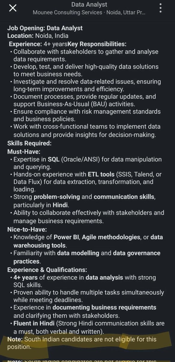 kannadayapper's tweet photo. South Indians are not allowed to apply for a job! https://t.co/hTYVKkGPbs