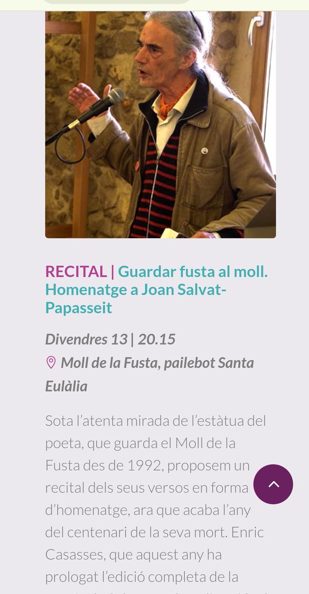 Maria Nunes (@mnunesal) on Twitter photo Aquest vespre, a les 20:15h
Salvat-Papasseit al Moll de la Fusta, recital d'Enric Casasses.
#LaRambla <a href="/Viladelllibre/">Xarxa de Viles del Llibre</a>  <a href="/AmicsdeLaRambla/">Amics de La Rambla</a> 
<a href="/anyPapasseit/">Any Joan Salvat-Papasseit</a> Aquest vespre, a les 20:15h
Salvat-Papasseit al Moll de la Fusta, recital d'Enric Casasses.
#LaRambla <a href="/Viladelllibre/">Xarxa de Viles del Llibre</a>  <a href="/AmicsdeLaRambla/">Amics de La Rambla</a> 
<a href="/anyPapasseit/">Any Joan Salvat-Papasseit</a>