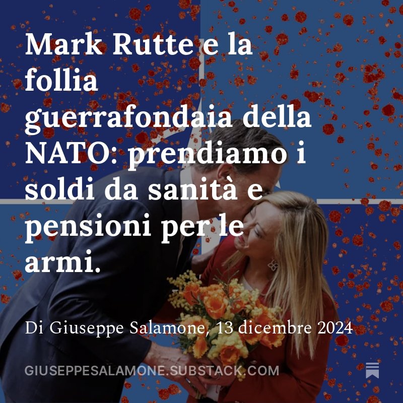 Quel miserabile di Mark Rutte, segretario della Nato, chiede di prendere i soldi da sanità e pensioni per comprare le armi. Mattarella, Meloni, Schlein e compagnia hanno qualcosa da dire? O continuiamo a rendere la Costituzione Italiana carta straccia??? 
giuseppesalamone.substack.com/p/mark-rutte-e…