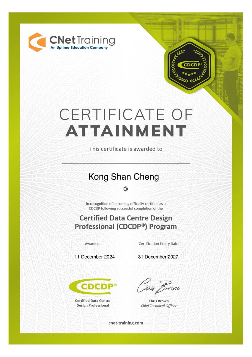 3Tech_Corporate's tweet image. Congratulations to our Executive director, King Cheng on receiving the world-renowned Certified Data Center Professional (CDCDP) certification.
#CDCDP Certified #Data Center Expert# Data center