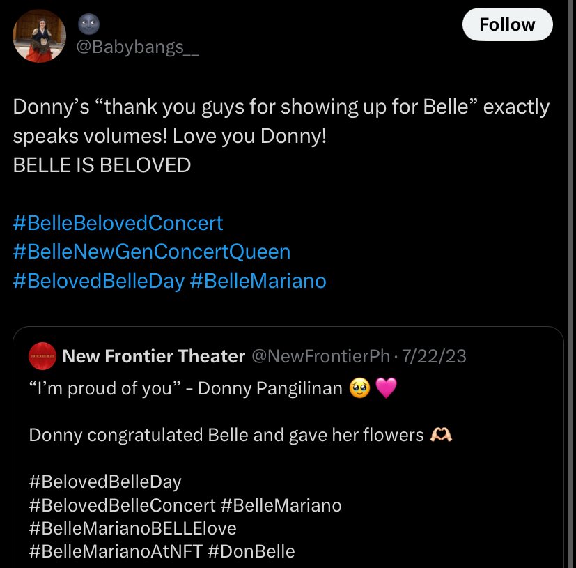 belindoll's tweet photo. you’ll never catch him NOT being grateful (and vvv loud about it) to those solid fans/supporters of his other half ❤️‍🩹

#DonBelle
#DonnyPangilinan | #BelleMariano https://t.co/LnB9ejXHr1