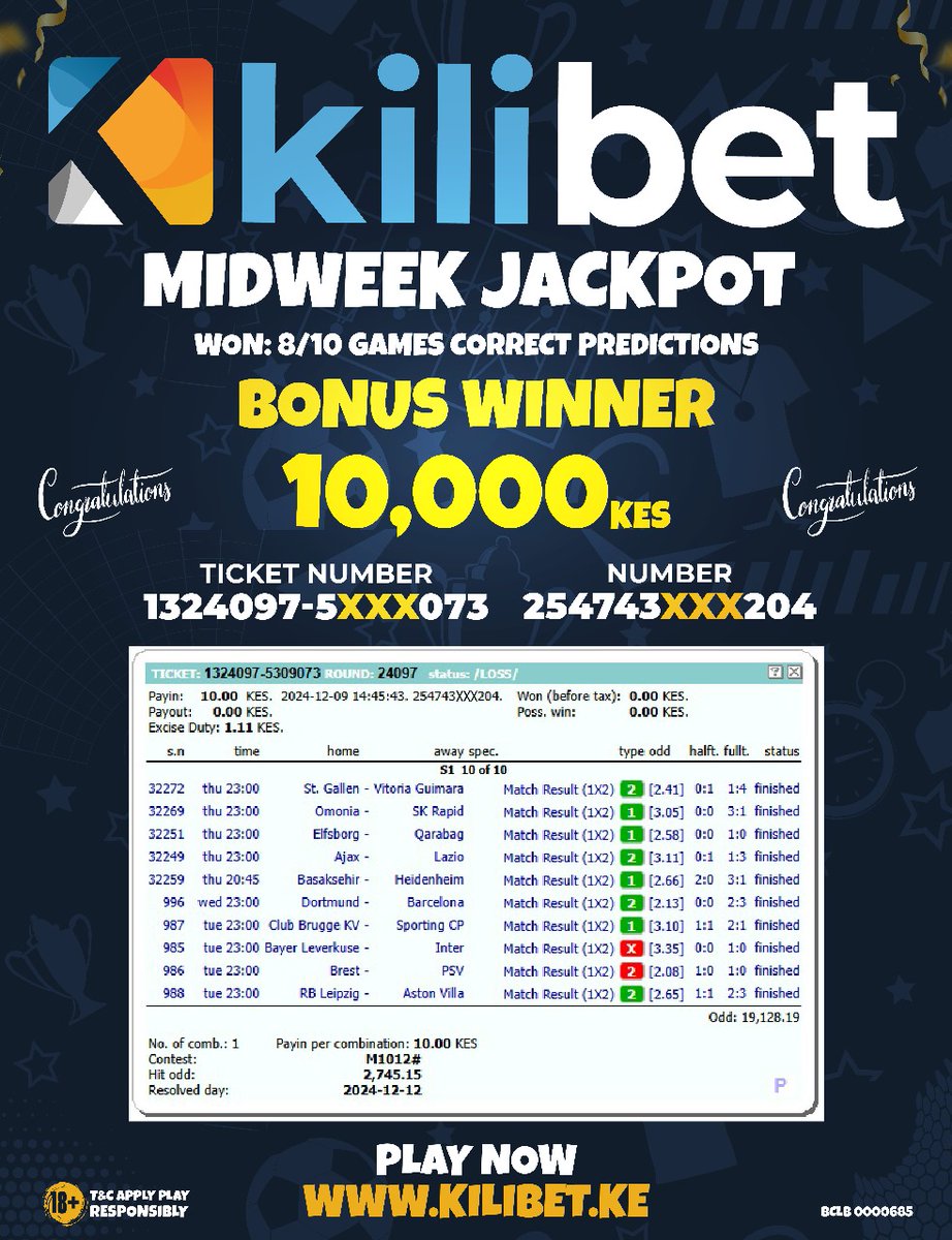 kilibet_ke's tweet image. 💥Jackpot joy unlocked! 💸 Congratulations to our Midweek Jackpot Bonus winner 🏆 Will YOU be the next to hit the jackpot? 🎯💰 Take your shot now at kilibet.ke/mob/jackpot with just 10 KES and claim your chance to WIN BIG! 🪙🔥 #MidweekMagic #JackpotBonus