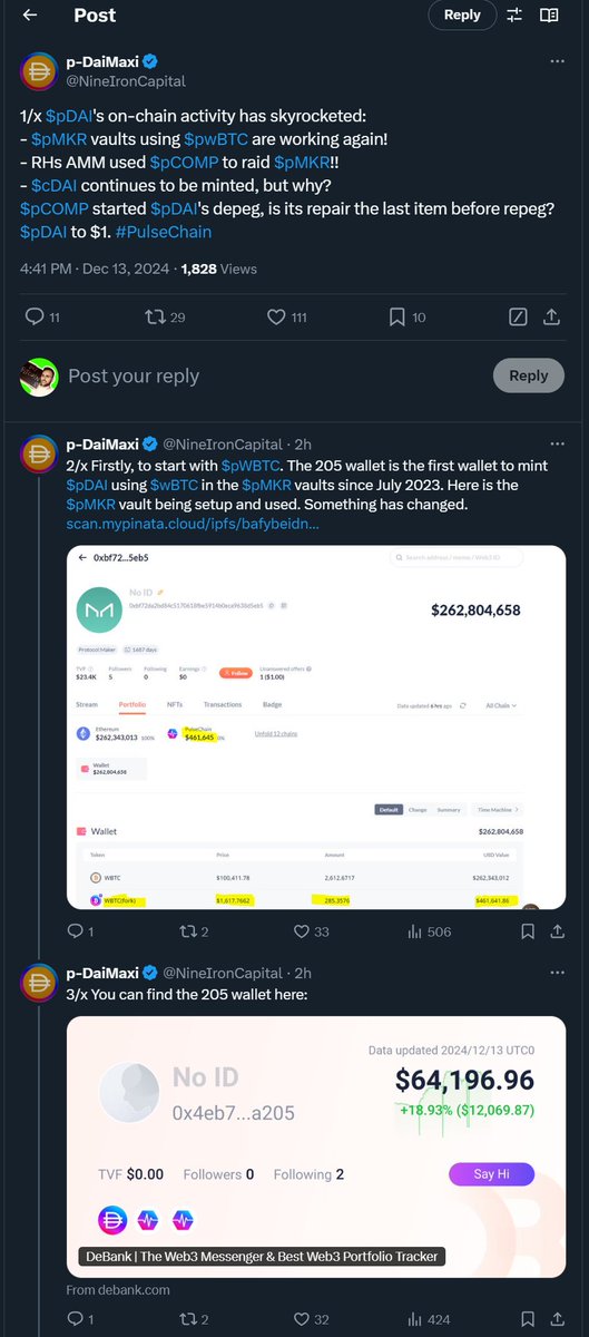 yourfriendSOMMI's tweet photo. ❤️💛💚💙

🔎 #pDAI New Update:

-- More onchain discoveries have been made, going on in PulseChain

-- The PulseChain Maker vault is using the people's bitcoin, #pWBTC, and it's working again

-- Richard Heart's AMM bot used pCOMP to raid pMKR 

-- pCOMP started pDAI's depeg, so more tweaking is going on to ensure it's all systems go later

--