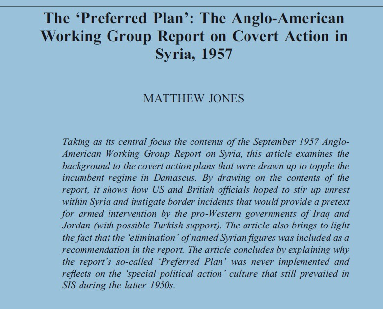 🔟17 Nisan 1946’da bağımsız Suriye Cumhuriyeti ilan edildi.
1957 Ağustos-Ekim arasında Suriye’nin Sovyet kontrolüne girmesini önlemek için ABD-İngiltere Ortak plan hazırlamıştı. Muhalefetin “Özgür Suriye Komitesi”nde toplanması, iç karışıklıkların çıkması ve dışardan Irak, Ürdün