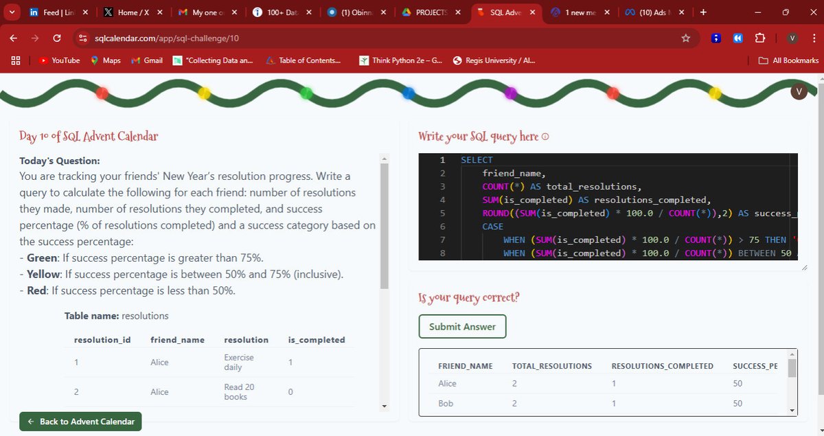 ValianceChuks's tweet image. SQL Advent Challenge Day [X]!

Having a blast honing my #SQL skills in this fun countdown to the holidays! 🛠️📊

Here’s a snippet of what I tackled today—querying, analyzing, and growing every step of the way. 🔥

Who else is on this journey? Let’s connect!

#SQLAdvent