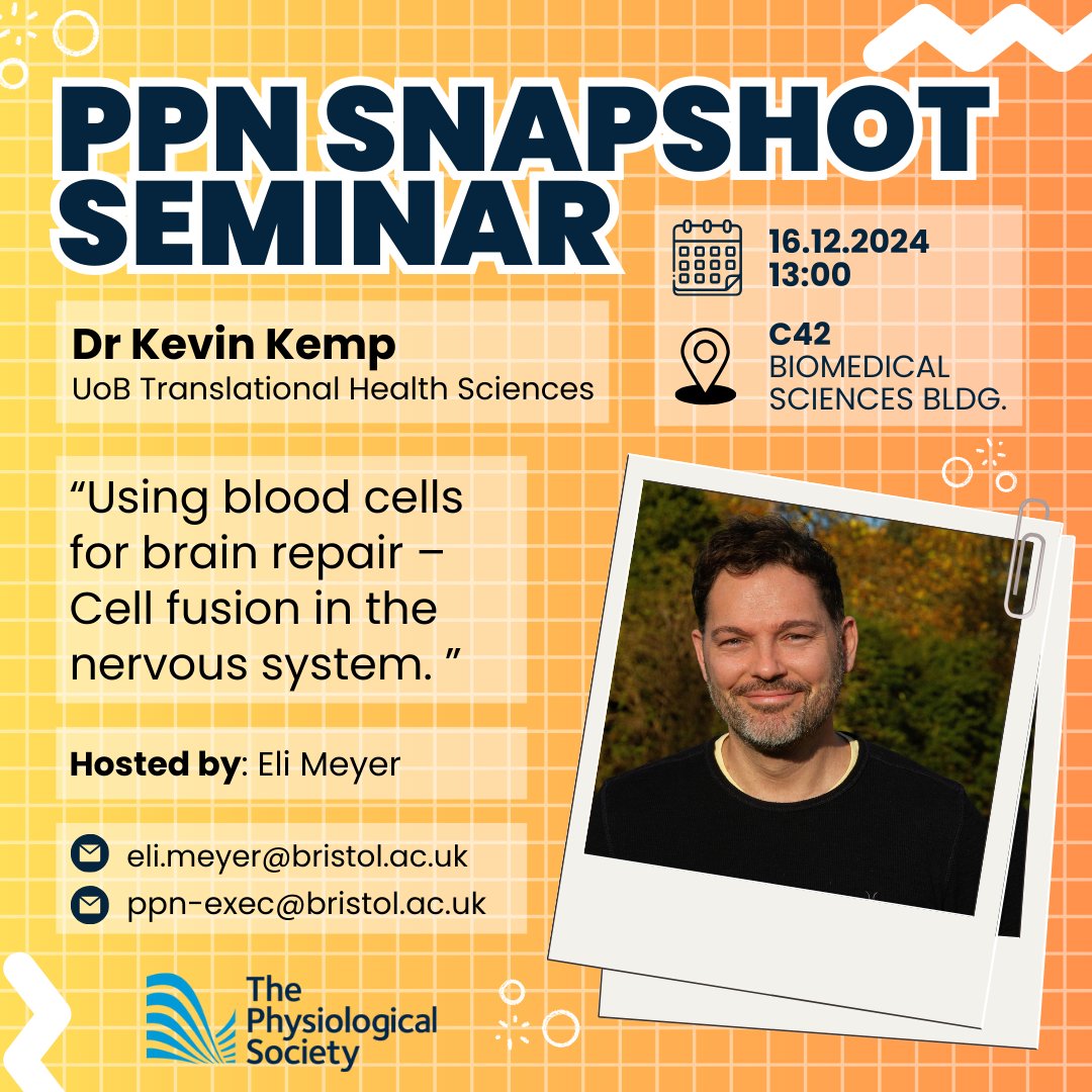 ⚠️ Join us at 1PM on Mon 16th Dec. in C42 of BSB for Translational Health's Dr Kevin Kemp's Snapshot Seminar 🧫 

"Using blood cells for brain repair – Cell fusion in the nervous system"

More info: <a href="/UoBPPN/">University of Bristol School of PPN</a> <a href="/RobinCorey1/">Robin Corey @robincorey.bsky.social</a> 

Sponsored by: <a href="/ThePhySoc/">The Physiological Society</a>

#UoBPPN #PPNSnaps #ThePhySoc
