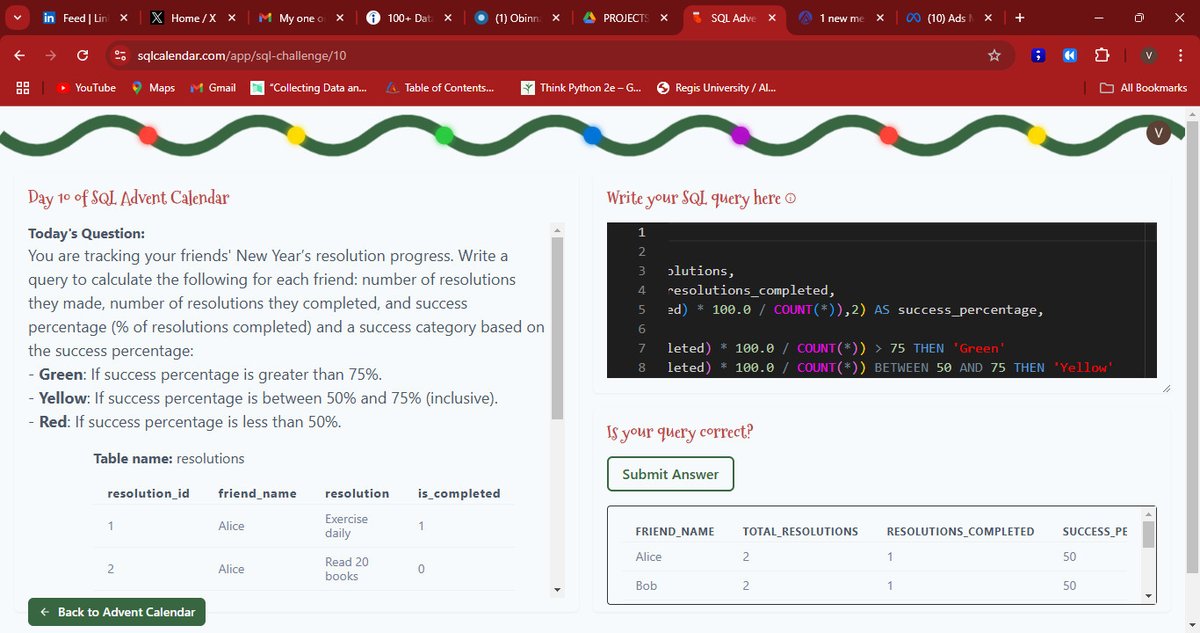 ValianceChuks's tweet image. SQL Advent Challenge Day [X]!

Having a blast honing my #SQL skills in this fun countdown to the holidays! 🛠️📊

Here’s a snippet of what I tackled today—querying, analyzing, and growing every step of the way. 🔥

Who else is on this journey? Let’s connect!

#SQLAdvent