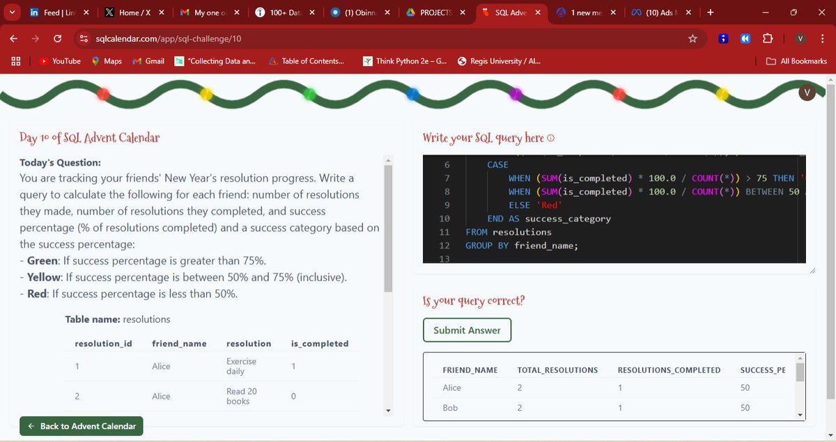 ValianceChuks's tweet image. SQL Advent Challenge Day [X]!

Having a blast honing my #SQL skills in this fun countdown to the holidays! 🛠️📊

Here’s a snippet of what I tackled today—querying, analyzing, and growing every step of the way. 🔥

Who else is on this journey? Let’s connect!

#SQLAdvent
