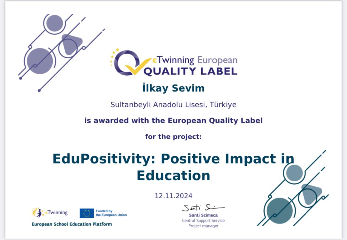 sultanbeyli_mem's tweet photo. İlçemiz Sultanbeyli Anadolu Lisesi'nin katıldığı EDUPOSITIVITY eTwinning projesi, Avrupa Kalite Etiketi alarak 15. eTwinning Ulusal Konferansı’nda Okulda İyi Oluş Kategorisi’nde Türkiye https://t.co/wn5sBp1Etf oldu! 🏆

Tebrikler İlkay Sevim ve değerli öğrencilerimiz! https://t.co/5GsO1gFDYP