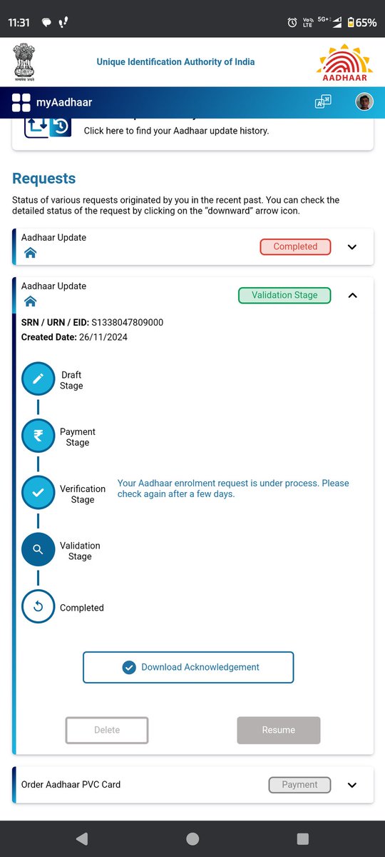 bhauttik's tweet photo. @UIDAI @ceo_uidai today is day 17 and still showing verification stage. Gandhiji 21 days ka fast rakhte the aur 21 din ke pehle resolution aa jata tha. Aap to 17 din se yahi atke pde ho https://t.co/T27YMWcROy