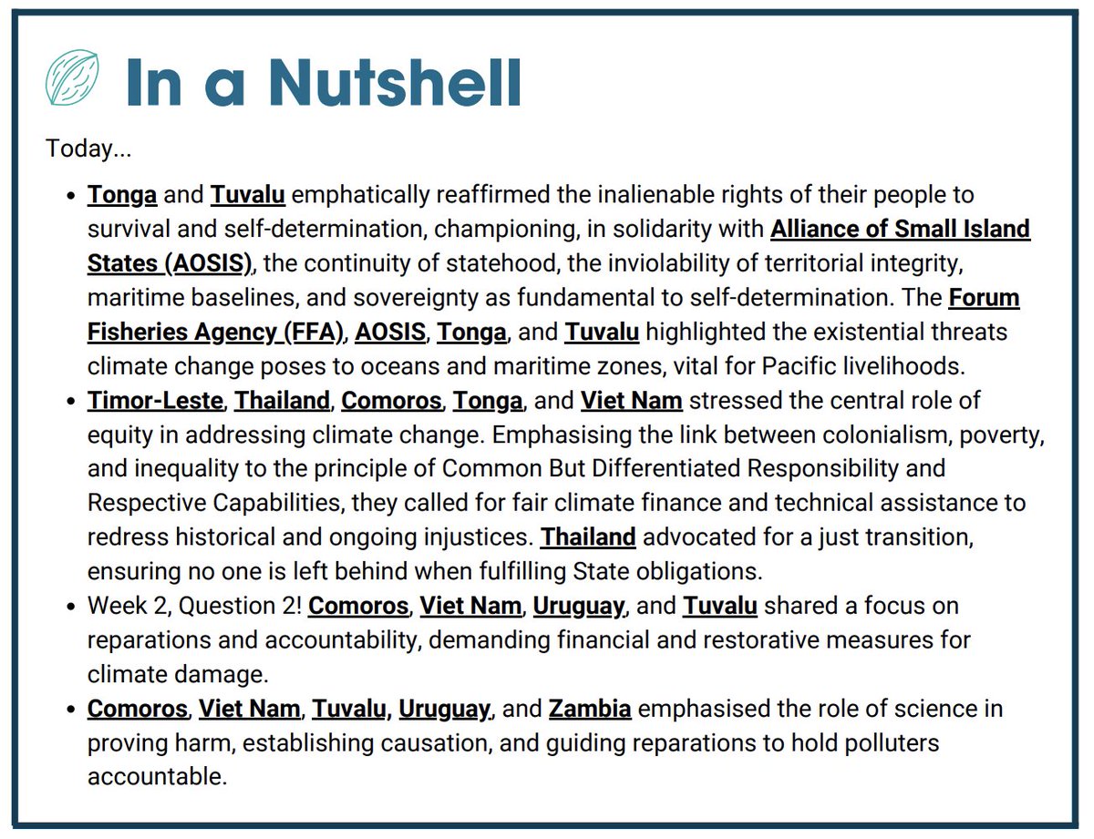 As the #ClimateJusticeAtTheICJ hearings draw to a close, read our key takeaways from day 9⃣:
🇹🇴 &amp; 🇹🇻stressed the existential threats to oceans and livelihoods in the Pacific, 
🇹🇱🇻🇳🇹🇭🇰🇲🇹🇴underscored equity’s role in addressing climate injustices.

👉 ciel.org/wp-content/upl…