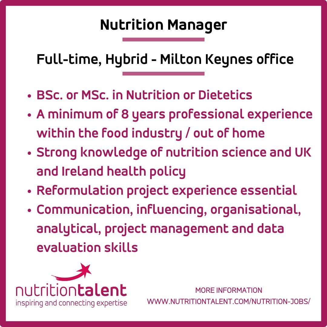 ⚠️NEW VACANCY ALERT! ⚠️ Recruiting for a Nutrition Manager, a highly skilled industry nutritionist with reformulation experience and commercial acumen to join a well-known company in the UK out of home sector. See nutritiontalent.com/vacancies/nutr…
#newopportunity #newjob #nutritionjobs