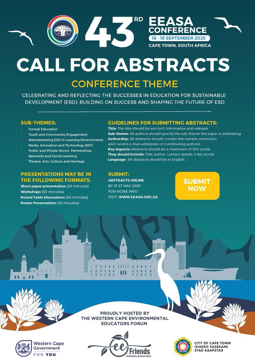 We are so excited to announce that the call for abstracts for the 2024 EEASA Conference is now open. Please follow the link to submit your abstract: bit.ly/EEASA2025Abstr… <a href="/PreshaRamsarup/">Presha Ramsarup</a> <a href="/sisitka_heila/">Heila sisitka</a> <a href="/CityofCT/">City of Cape Town</a> <a href="/CapeLeopardTrst/">Cape Leopard Trust (CLT)</a> <a href="/Wits_REALCentre/">Centre for Researching Education and Labour</a> <a href="/RUelrc2/">RU ELRC</a> @CTEEF