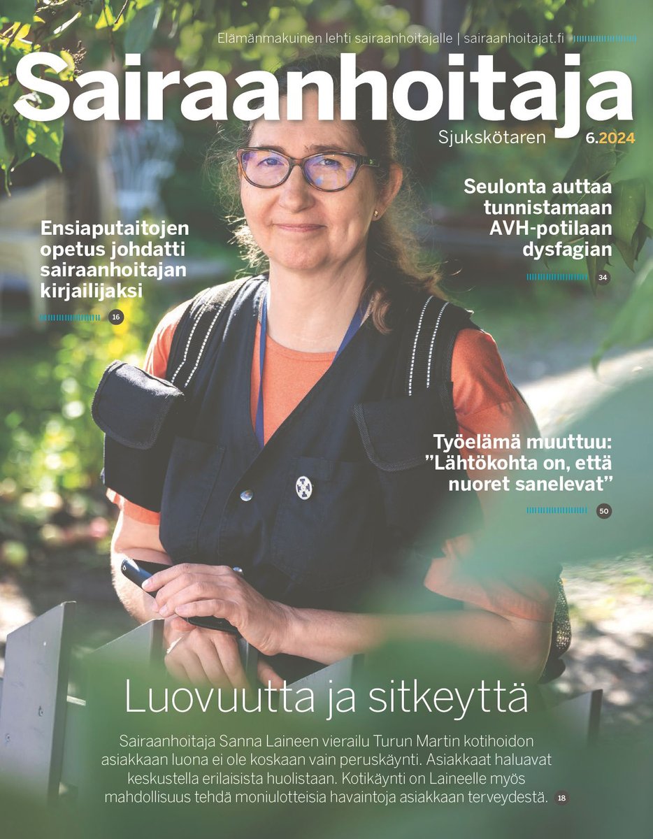 Sairaanhoitaja-lehti (@sh_lehti) on Twitter photo Sairaanhoitaja-lehti 6/2024 ilmestyi printtinä! 📮 Aiheina muun muassa kotihoitotyö <a href="/VarhaHyvinvoint/">Varsinais-Suomen hyvinvointialue</a>, AVH-potilaiden nielemisvaikeudet <a href="/HUS_fi/">HUS Helsingin yliopistollinen sairaala</a>, kivun hoitotyön täydennyskoulutus <a href="/UniTurku/">Turun yliopisto - University of Turku</a>, sukupolvi Z työelämässä <a href="/ShaniLivson/">ShaniL</a> ja 3 hoitosuositusta @HotusFI.
📷 Vesa-Matti Väärä
1/2 Sairaanhoitaja-lehti 6/2024 ilmestyi printtinä! 📮 Aiheina muun muassa kotihoitotyö <a href="/VarhaHyvinvoint/">Varsinais-Suomen hyvinvointialue</a>, AVH-potilaiden nielemisvaikeudet <a href="/HUS_fi/">HUS Helsingin yliopistollinen sairaala</a>, kivun hoitotyön täydennyskoulutus <a href="/UniTurku/">Turun yliopisto - University of Turku</a>, sukupolvi Z työelämässä <a href="/ShaniLivson/">ShaniL</a> ja 3 hoitosuositusta @HotusFI.
📷 Vesa-Matti Väärä
1/2