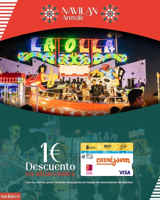 Con tu <a href="/CarneJovenCan/">Carné Joven Europeo en Canarias</a>  tendrás 1€ de descuento!
en las atracciones de Navilan Arrecife esta Navidad.

⛸🎡🎅Mercado navideño, noria, pista de hielo, iglú... ¡¡y mucho más!!

Navilan Arrecife, del 14 de diciembre al 5 de enero