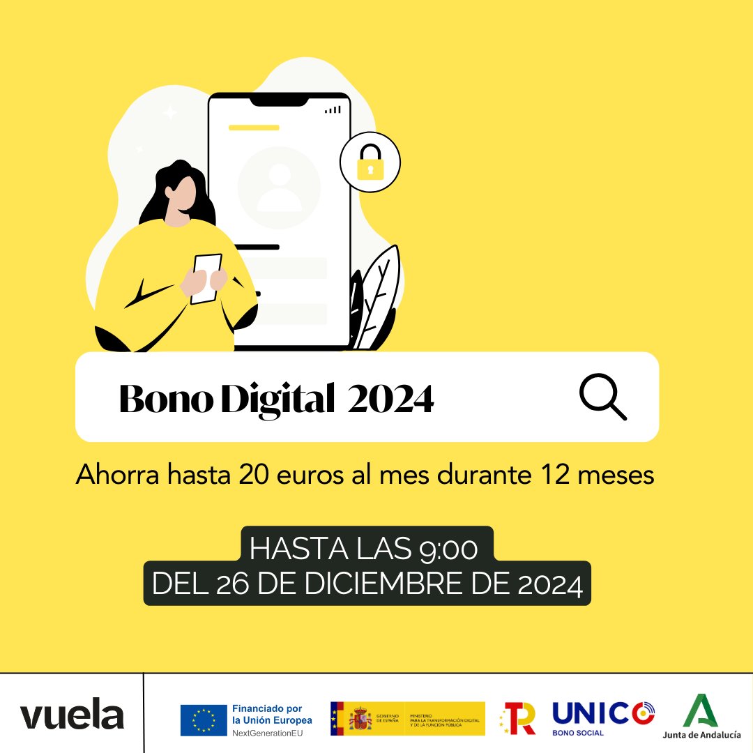 Andalucía Vuela (@andaluciavuela) on Twitter photo ¡El Programa #BonoDigital ha llegado para facilitar la conexión a Internet de personas vulnerables!
Con una bonificación de hasta 💰20€/mes durante 🗓️ 12 meses, podrás disfrutar de una mejor experiencia digital en tu hogar. ¿Te interesa?
Descubre más ➡️ andaluciavuela.es/bono-digital-2… ¡El Programa #BonoDigital ha llegado para facilitar la conexión a Internet de personas vulnerables!
Con una bonificación de hasta 💰20€/mes durante 🗓️ 12 meses, podrás disfrutar de una mejor experiencia digital en tu hogar. ¿Te interesa?
Descubre más ➡️ andaluciavuela.es/bono-digital-2…