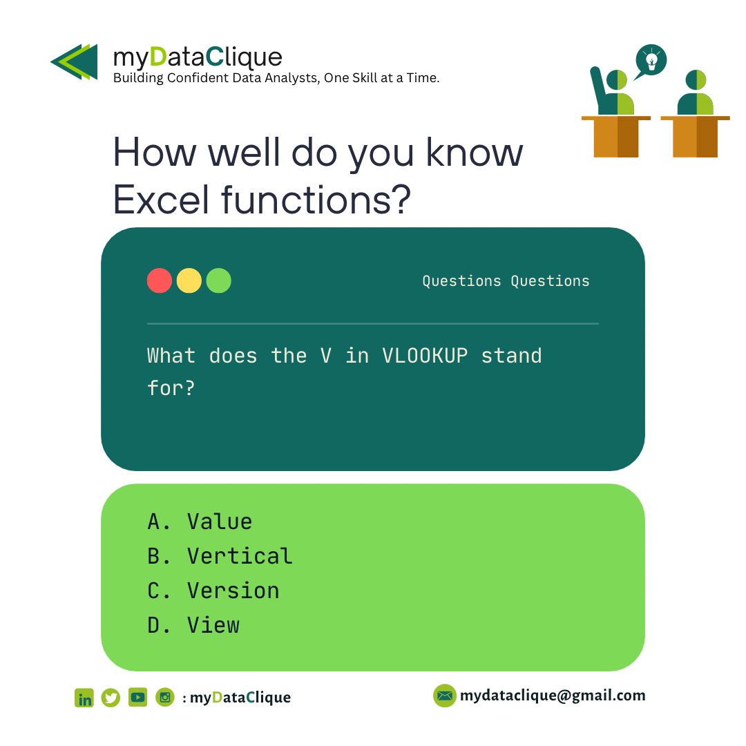 myDataClique's tweet photo. It's Quiz Friday!🎉
What does the V in VLOOKUP stand for?🤔

See you in the comments!
#mydataclique #jointheclique #quizfriday #TGIF https://t.co/u2owivWLs6