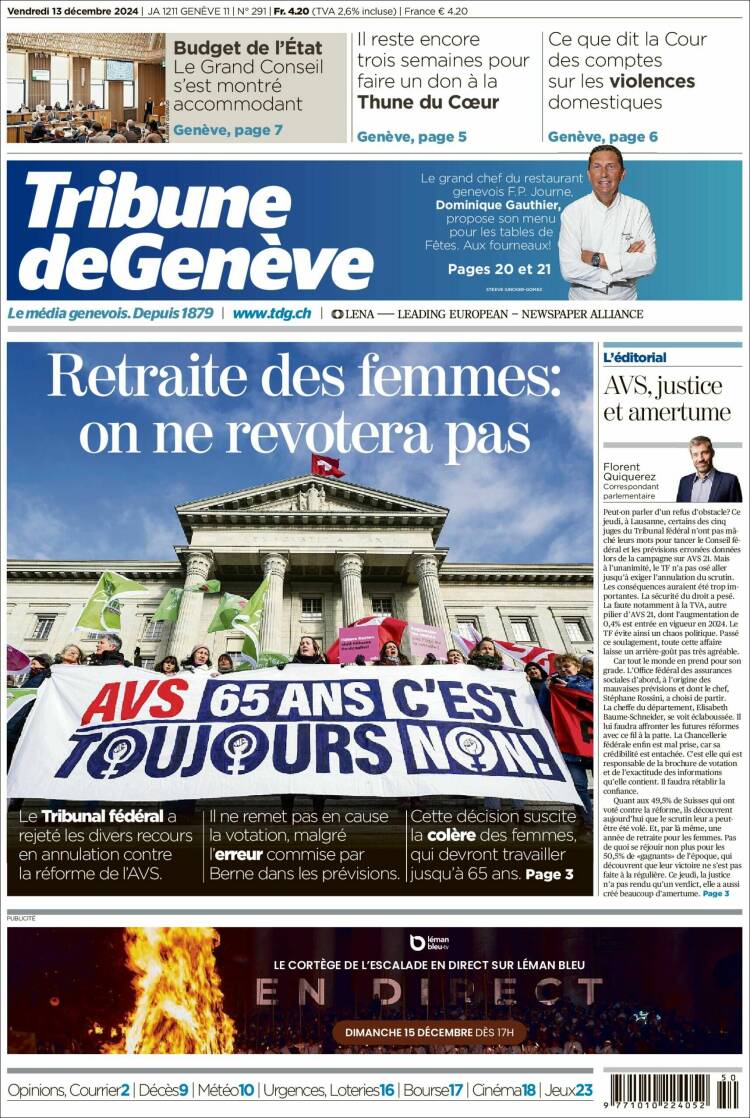 FabienCazenave's tweet photo. Revue de presse européenne du vendredi 13 décembre 2024 #EUpress 
- En Suisse, les opposants à la hausse de l'âge de la retraire pour les femmes viennent de perdre une bataille judiciaire et ne pourront pas faire revoter la votation qui l'a décidée https://t.co/7GraevuXSE
