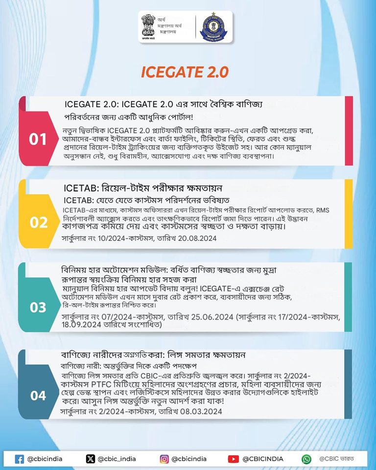 ddnewsagartala's tweet image. ভারতীয় কাস্টমস ইলেকট্রনিক ডেটা ইন্টারচেঞ্জ (EDI) গেটওয়ে #ICEGATE ব্যবসা-বাণিজ্যকে দক্ষতার সঙ্গে সহায়তা করে আসছে 👇
👉ই-ফাইলিং
👉অনলাইনে সংশোধন জমা দেওয়া
👉অনলাইনে শুল্ক পরিশোধ
👉IGST রিফান্ড প্রক্রিয়াকরণ
#FinMinYearReview2024
#CustomsInitiatives2024
 @DDNewslive