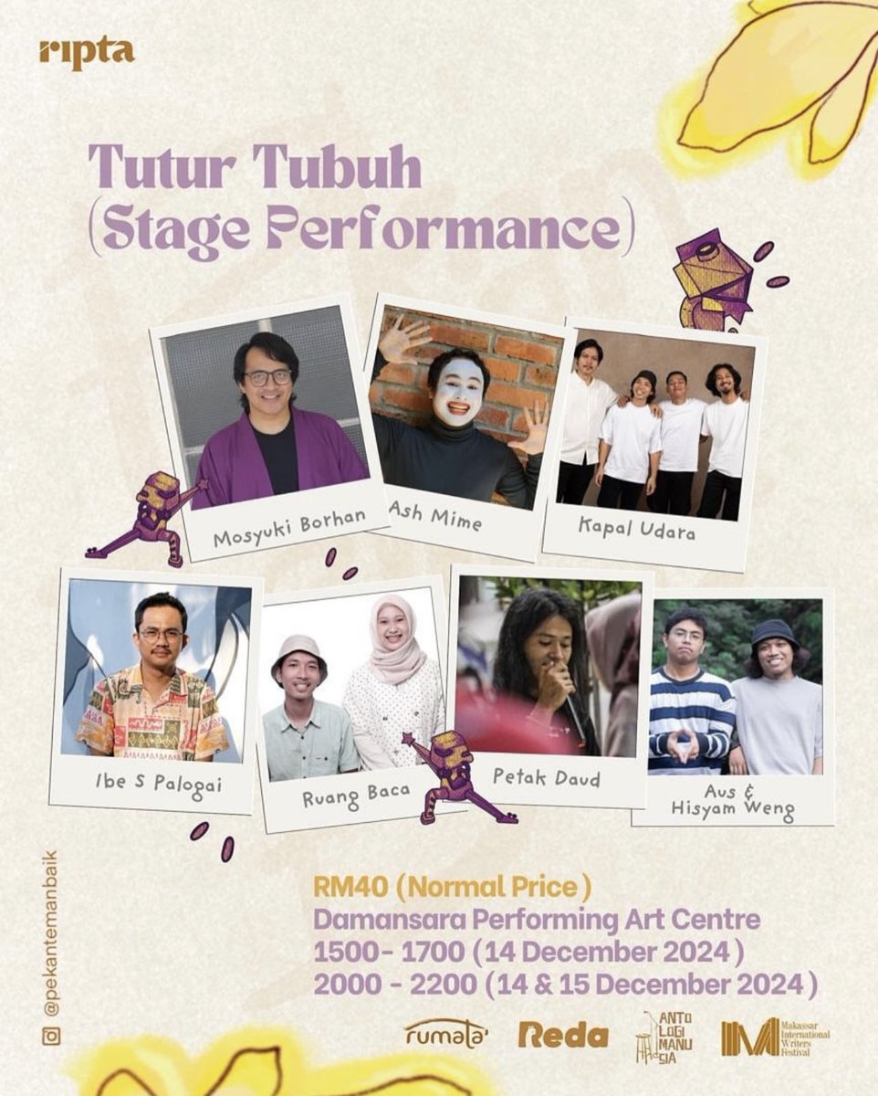 kaypohmedia's tweet photo. What’s happening in Klang Valley this weekend!

Just Jokes : Stand-up Comedy
📍Soulcity Hub, PJ

Pekan Teman Baik : Tutur Tubuh
📍DPAC

Ronggeng Kuala Lumpur
📍Central Market 

Art Without Borders 
📍GMBB

#kaypohevents https://t.co/bo6SmvQjYn