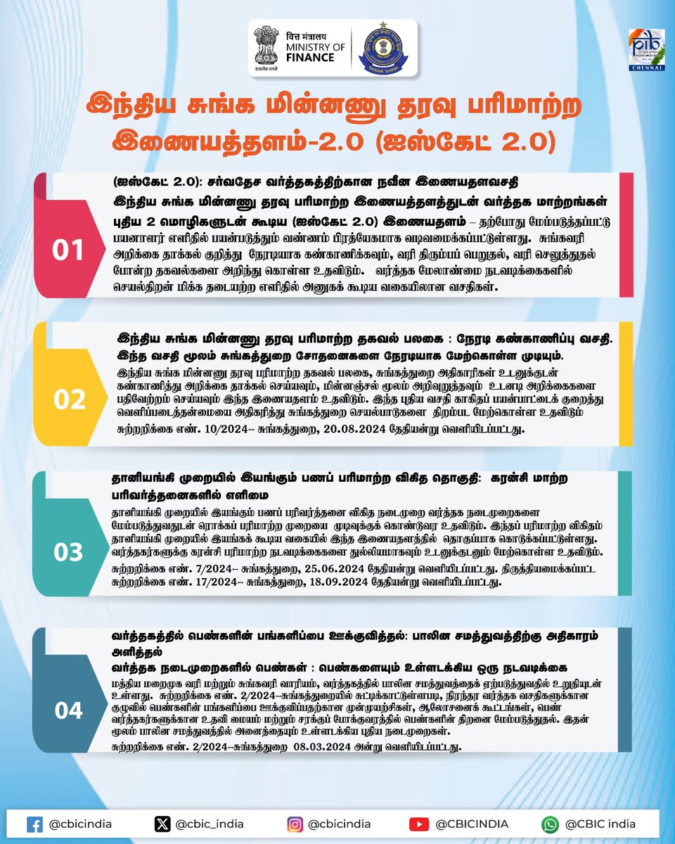 pibchennai's tweet image. இந்திய சுங்க மின்னணு தரவு பரிமாற்றம் இடைமுகம் #ICEGATE திறம்பட மற்றும் முதன்மையாக வர்த்தகத்தை எளிதாக்குகிறது 👇

👉 இ-ஃபைலிங்
👉 ஆன்லைன் திருத்தம் சமர்ப்பிப்பு
👉 ஆன்லைன் வரி செலுத்துதல்
👉 வினவல் தீர்வு
👉 வர்த்தகர்களுக்கான IGST ரீபண்ட் செயலாக்கம்